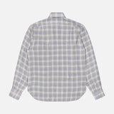 The Linen Twill Plaid Sport Shirt from RALPH LAUREN PURPLE LABEL is a long-sleeve, button-up pure linen shirt with a blue, gray, and white plaid pattern, shown from the back against a plain white background.