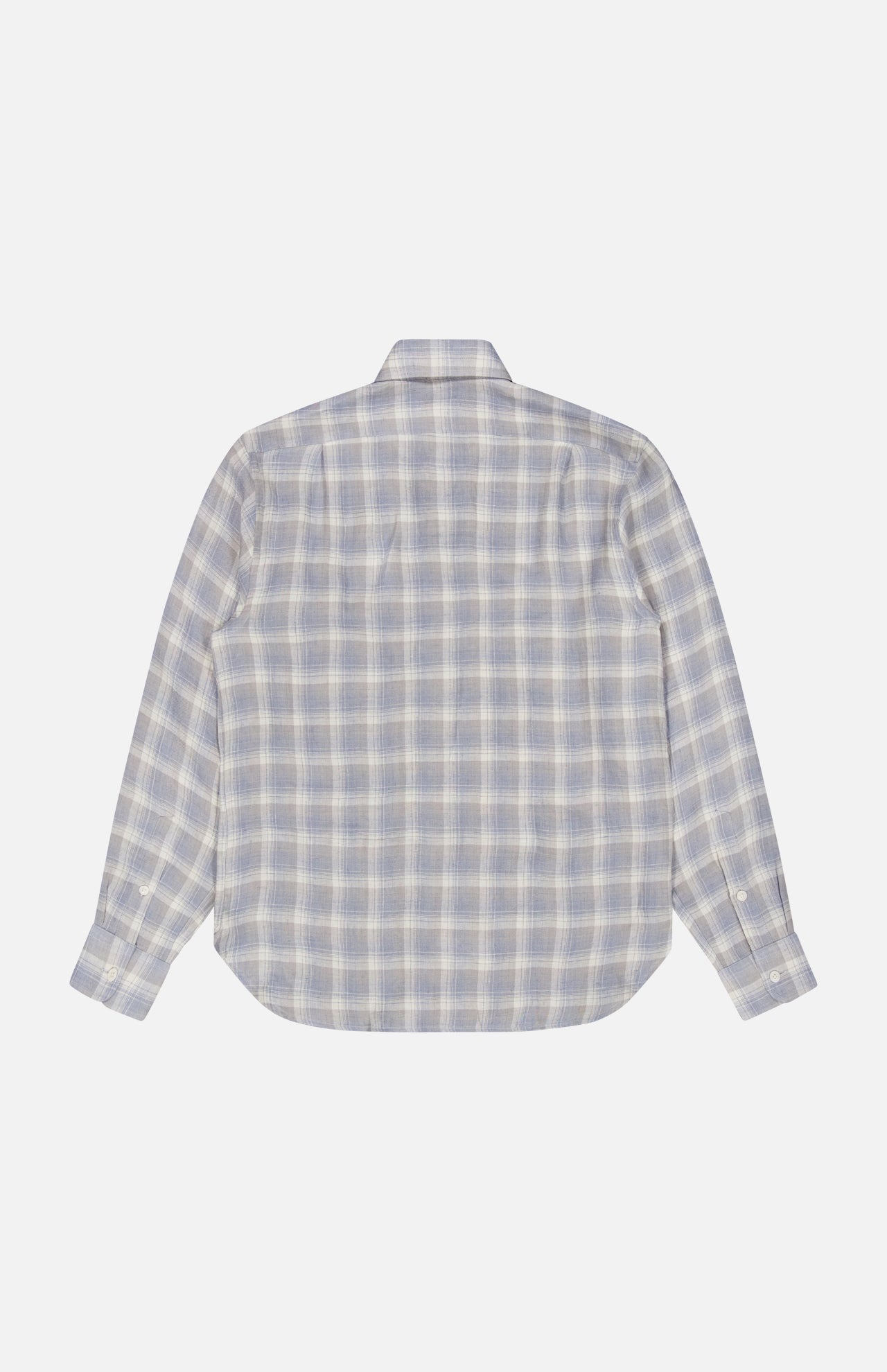 The Linen Twill Plaid Sport Shirt from RALPH LAUREN PURPLE LABEL is a long-sleeve, button-up pure linen shirt with a blue, gray, and white plaid pattern, shown from the back against a plain white background.