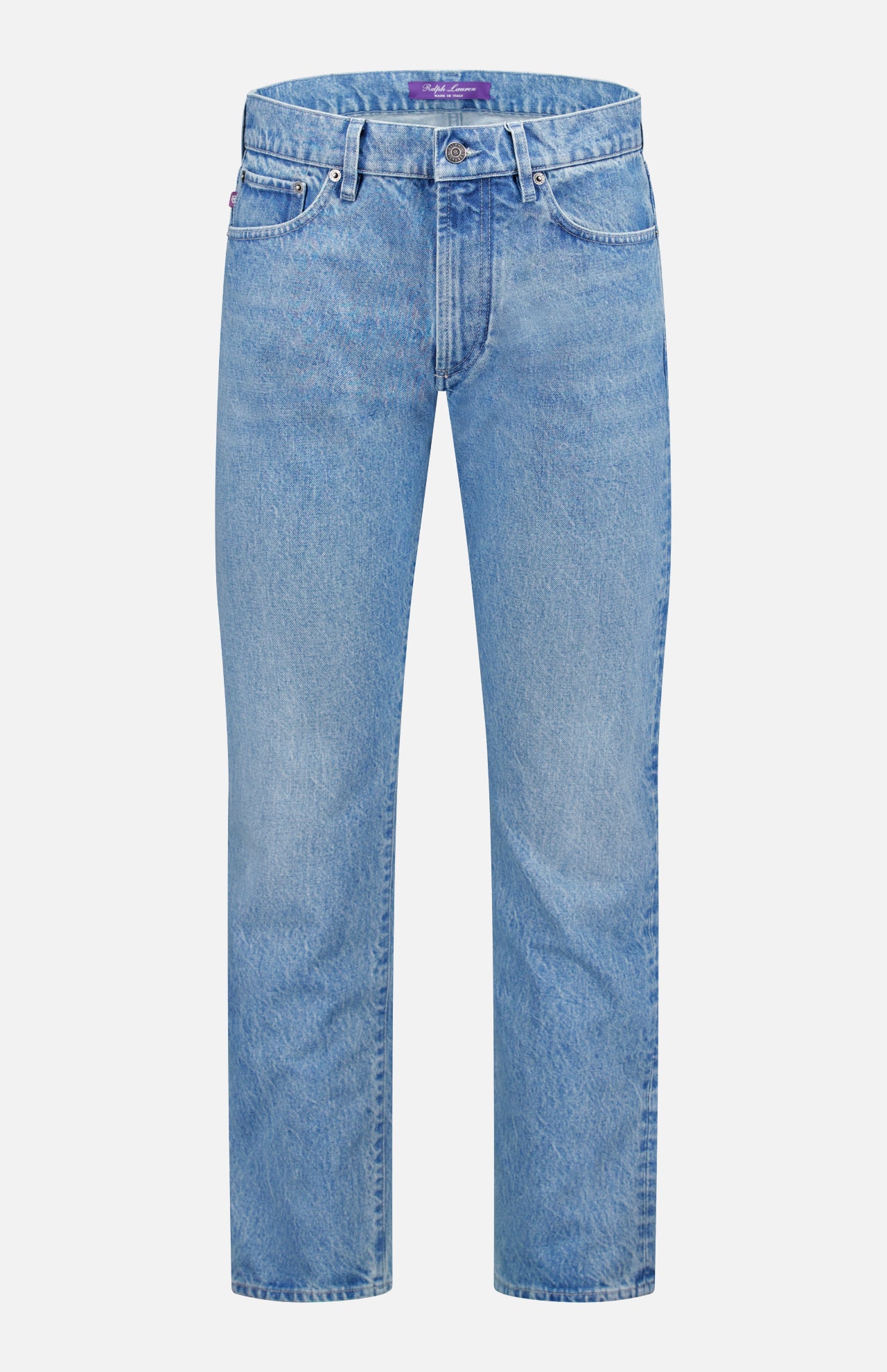 The RALPH LAUREN PURPLE LABEL Lux Italian Denim Full Length Straight Jeans feature light blue denim, a straight-leg fit, front button and zip closure, belt loops, and five pockets, shown against a plain white background.