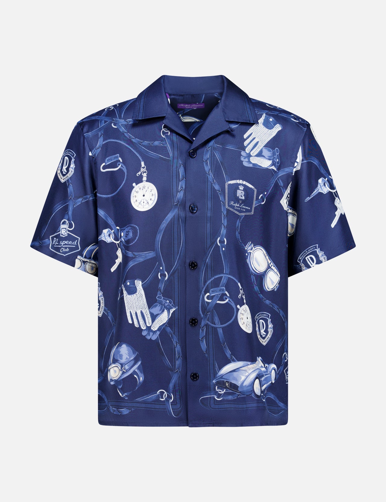 The RALPH LAUREN PURPLE LABEL Printed Silk Short Sleeve Sport Shirt is a navy blue, button-up camp shirt made from silk, adorned with white illustrations of gloves, vintage cars, a stopwatch, goggles, and car keys.