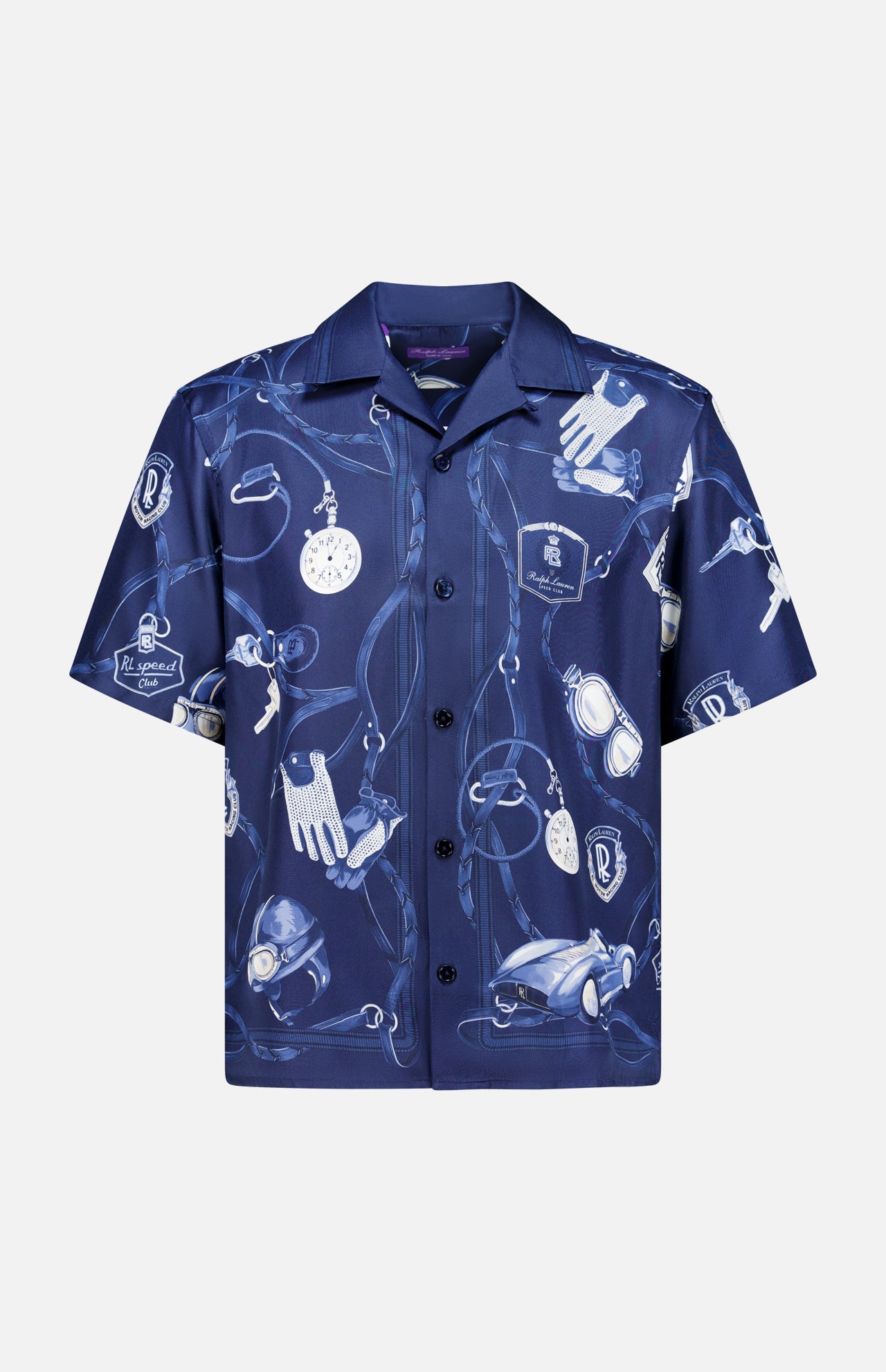 The RALPH LAUREN PURPLE LABEL Printed Silk Short Sleeve Sport Shirt is a navy blue, button-up camp shirt made from silk, adorned with white illustrations of gloves, vintage cars, a stopwatch, goggles, and car keys.