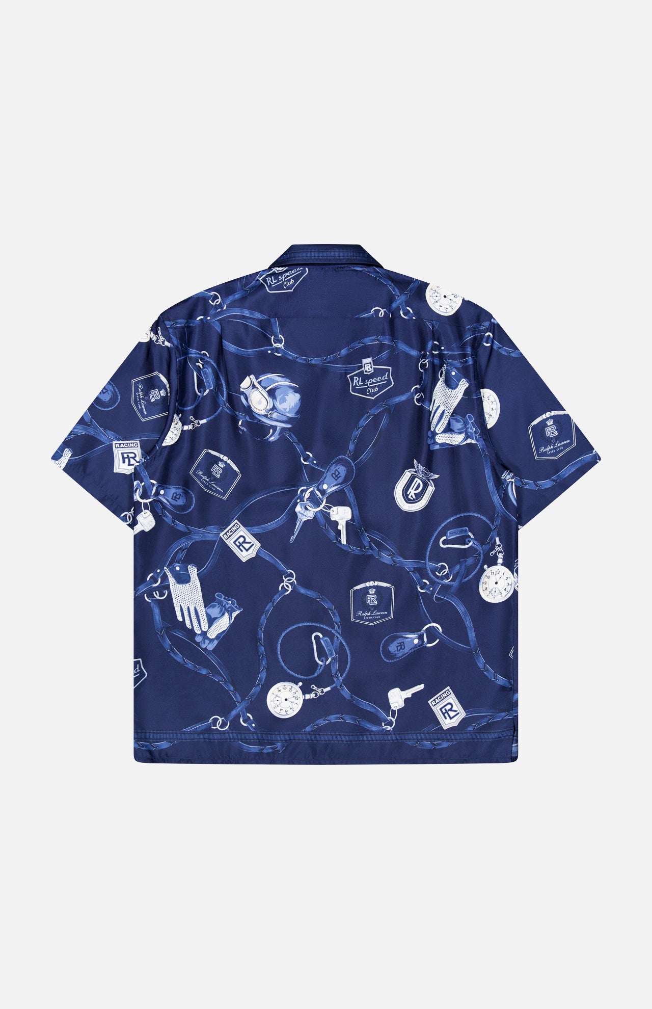 The RALPH LAUREN PURPLE LABEL Printed Silk Short Sleeve Sport Shirt is crafted in Italy from smooth navy silk and features a short-sleeve, button-up silhouette. Adorned with a pattern of white and light blue keys, wallets, coins, watches, and monogrammed logos, this luxury sport shirt is shown from the back against a plain white background.