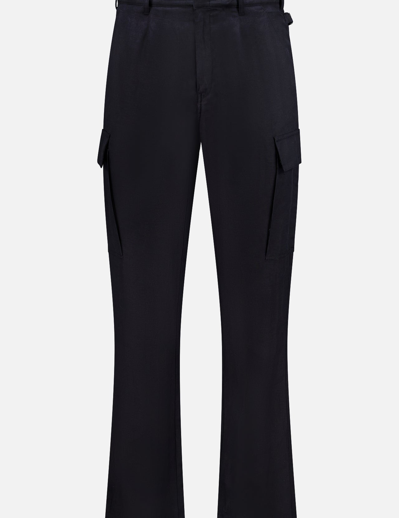 The Silk Linen Cargo Trousers by RALPH LAUREN PURPLE LABEL feature straight legs and spacious cargo pockets, crafted in a silk-linen blend and shown against a plain white background.