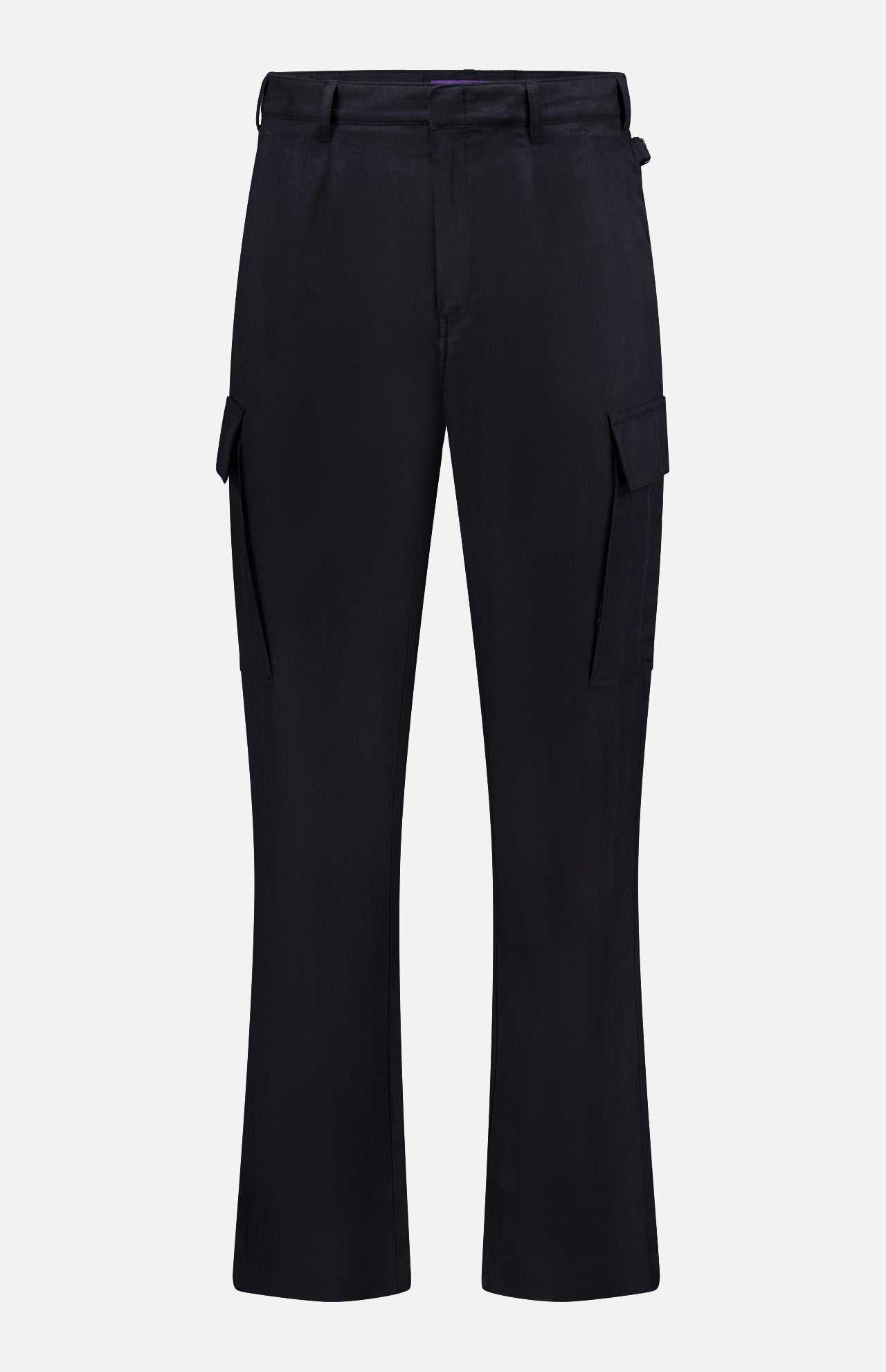 The Silk Linen Cargo Trousers by RALPH LAUREN PURPLE LABEL feature straight legs and spacious cargo pockets, crafted in a silk-linen blend and shown against a plain white background.