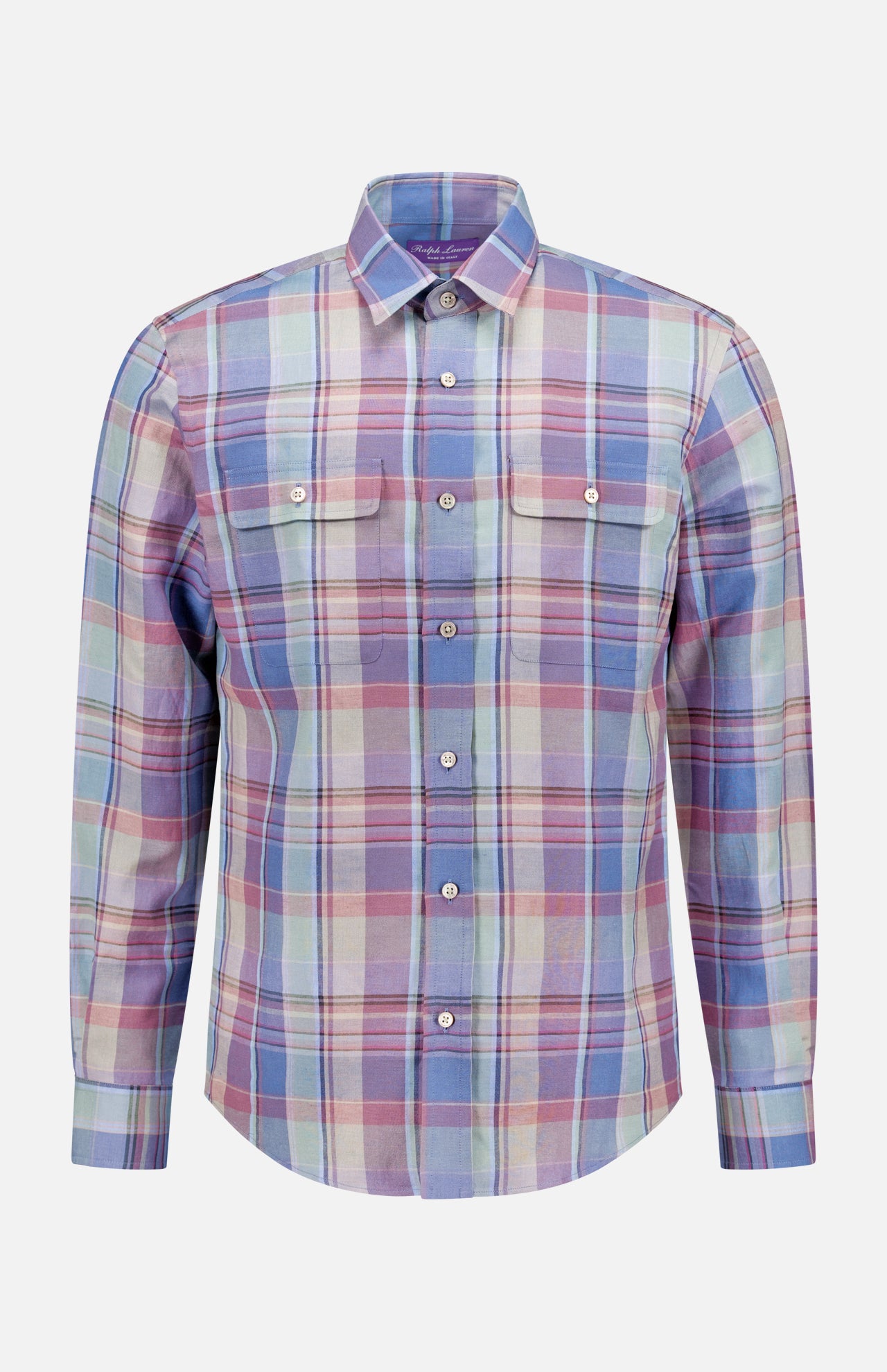 The Silk Linen Plaid Sport Shirt by RALPH LAUREN PURPLE LABEL features long sleeves, a pastel plaid in blue, pink, green, and purple, and two chest pockets with button flaps—expertly crafted in Italy for timeless style.