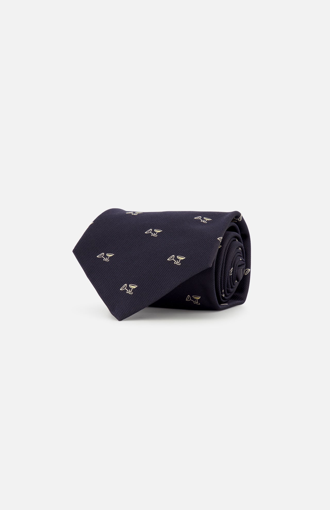 RALPH LAUREN PURPLE LABEL Silk Martini Convo Tie, a rolled-up dark navy silk tie featuring a repeating pattern of small martini glasses.