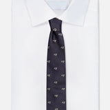 RALPH LAUREN PURPLE LABEL Silk Martini Convo Tie in dark navy silk with a repeating pattern of small martini glasses, worn with a white collared dress shirt.