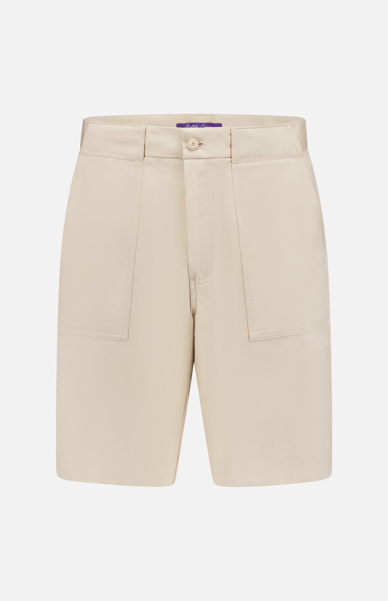 The RALPH LAUREN PURPLE LABEL Structured Silk Harold Flat Front Short features a button and zip closure with two large front patch pockets, shown against a plain white background.