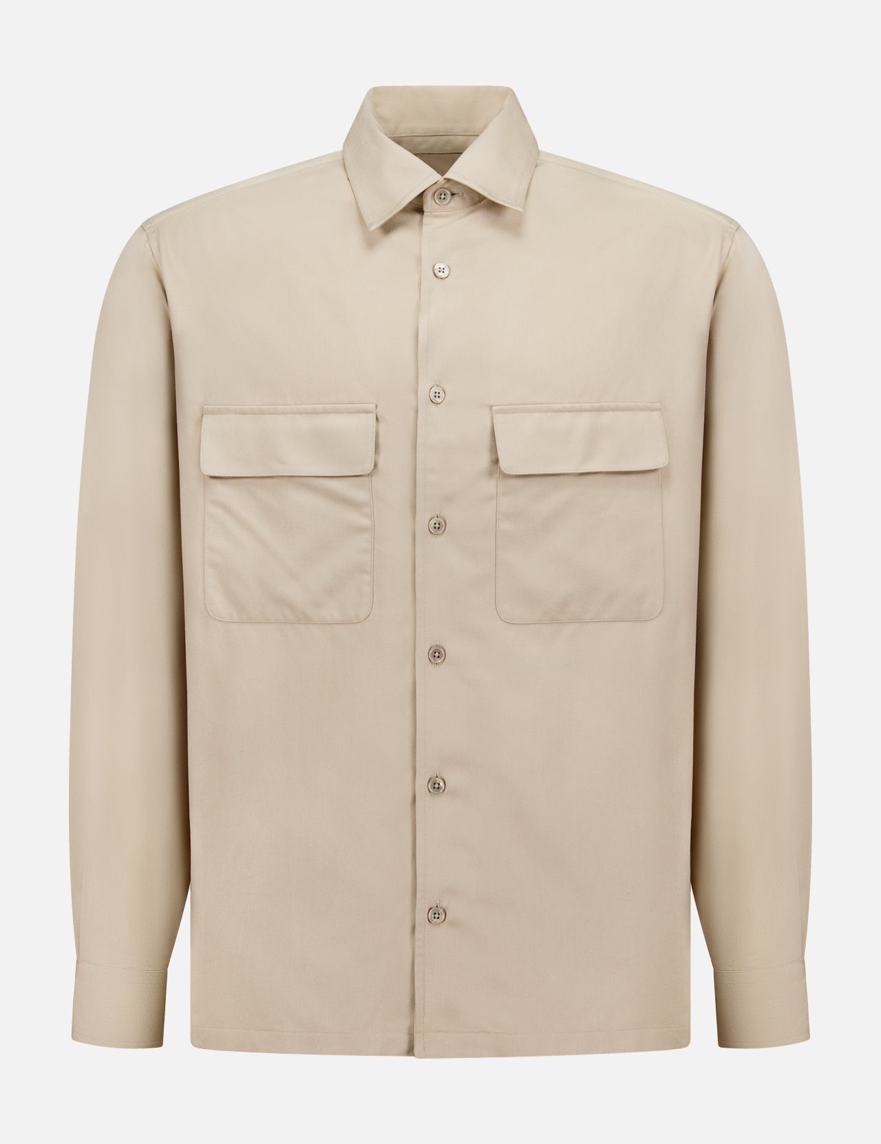 The Structured Lyocell Linen Sport Shirt by RALPH LAUREN PURPLE LABEL is a beige, long-sleeved sport shirt with two chest pockets and a classic collar, crafted in Italy and shown on a plain white background.