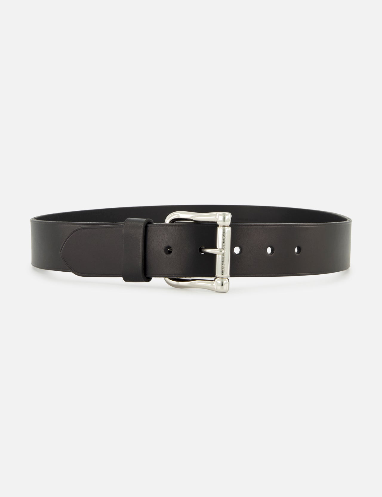 Showcased on a white background, the Vacchetta Leather Belt by RALPH LAUREN PURPLE LABEL is crafted from black leather and features a silver metal buckle. Expertly made in Italy, the belt is laid flat to highlight its sleek design and three adjustment holes.