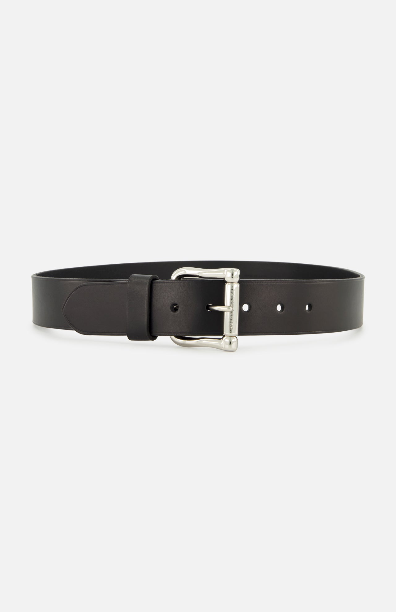 Showcased on a white background, the Vacchetta Leather Belt by RALPH LAUREN PURPLE LABEL is crafted from black leather and features a silver metal buckle. Expertly made in Italy, the belt is laid flat to highlight its sleek design and three adjustment holes.