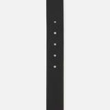 A close-up of the RALPH LAUREN PURPLE LABEL Vacchetta Leather Belt, crafted in Italy from black leather, featuring five holes and photographed on a white background.