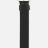 A detailed close-up of the RALPH LAUREN PURPLE LABEL Vacchetta Leather Belt showcases its refined craftsmanship and luxurious black leather, featuring a silver metal buckle. Displayed vertically against a plain white background, this elegant accessory is expertly made in Italy.