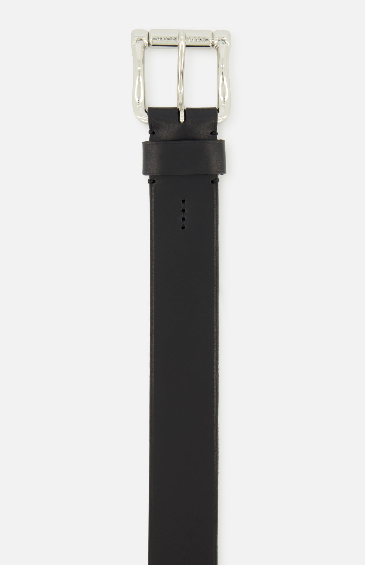 A detailed close-up of the RALPH LAUREN PURPLE LABEL Vacchetta Leather Belt showcases its refined craftsmanship and luxurious black leather, featuring a silver metal buckle. Displayed vertically against a plain white background, this elegant accessory is expertly made in Italy.