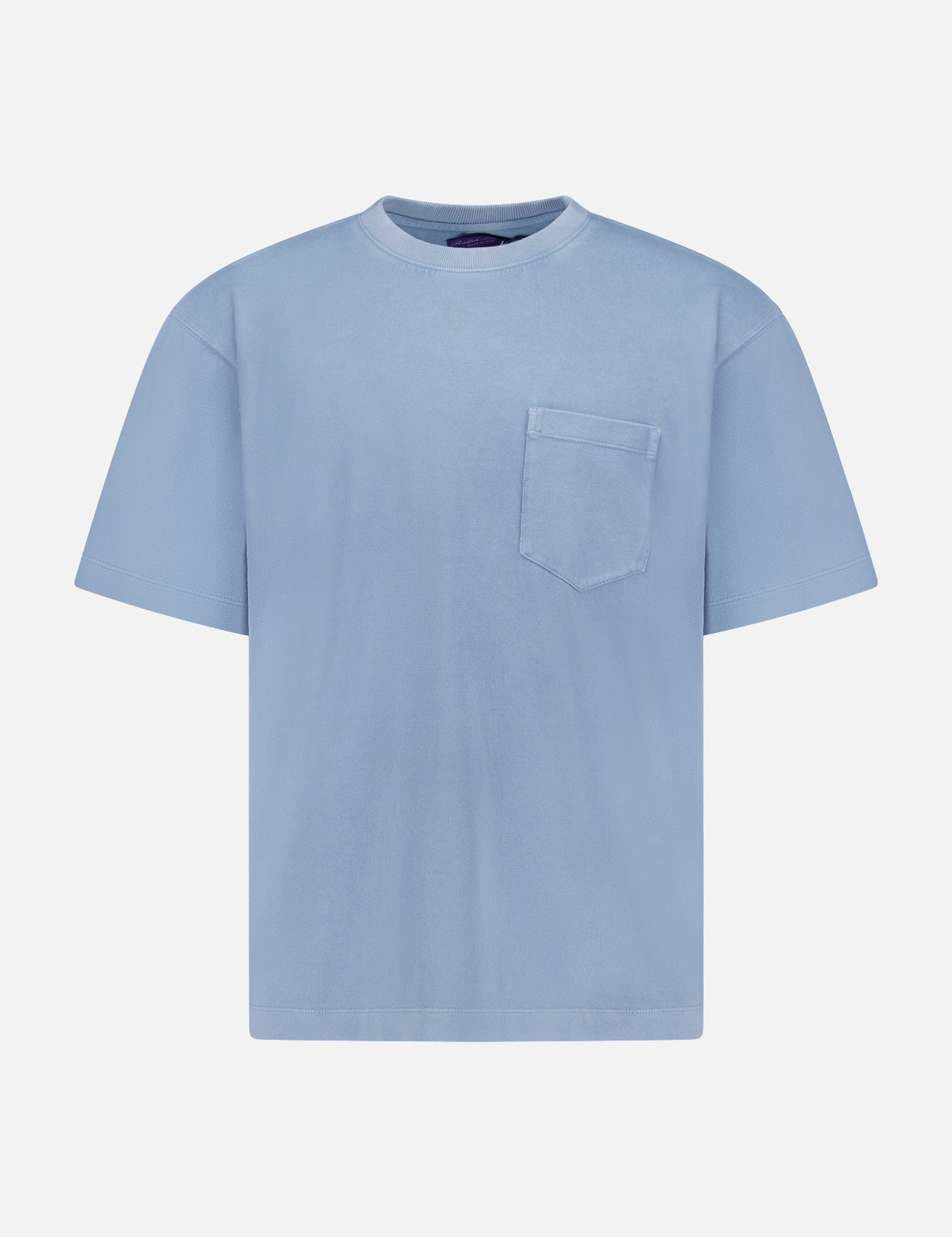 The RALPH LAUREN PURPLE LABEL Vintage Cotton Jersey Short Sleeve T-Shirt in light blue features a round neckline, short sleeves, and a chest pocket on the left side. Displayed on a plain white background, this shirt is crafted from soft cotton jersey with a subtle vintage wash for effortless, laid-back style.