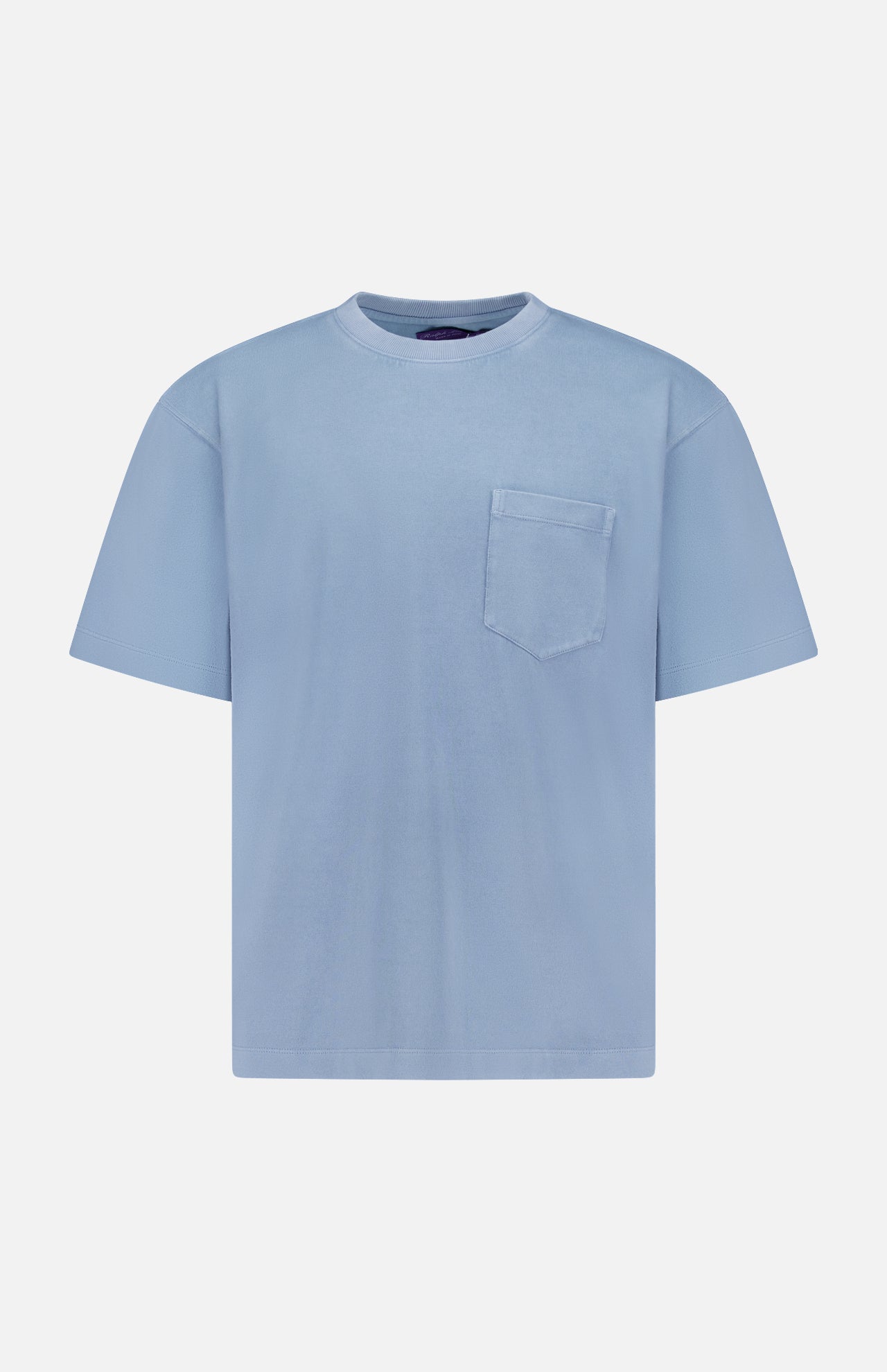 The RALPH LAUREN PURPLE LABEL Vintage Cotton Jersey Short Sleeve T-Shirt in light blue features a round neckline, short sleeves, and a chest pocket on the left side. Displayed on a plain white background, this shirt is crafted from soft cotton jersey with a subtle vintage wash for effortless, laid-back style.