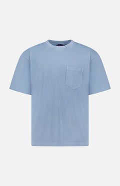 The RALPH LAUREN PURPLE LABEL Vintage Cotton Jersey Short Sleeve T-Shirt in light blue features a round neckline, short sleeves, and a chest pocket on the left side. Displayed on a plain white background, this shirt is crafted from soft cotton jersey with a subtle vintage wash for effortless, laid-back style.