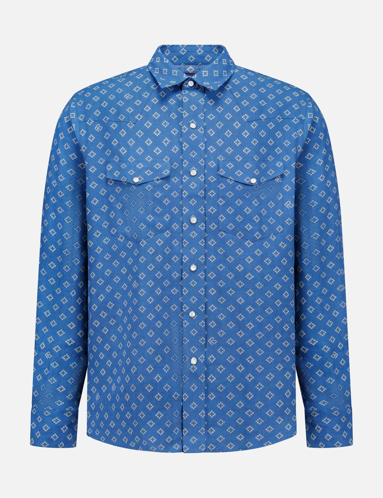 The Western Wendover Bandana Sport Shirt by RALPH LAUREN PURPLE LABEL is an indigo blue, long-sleeve western-style shirt with two chest pockets and a subtle white geometric pattern, shown against a plain white background.