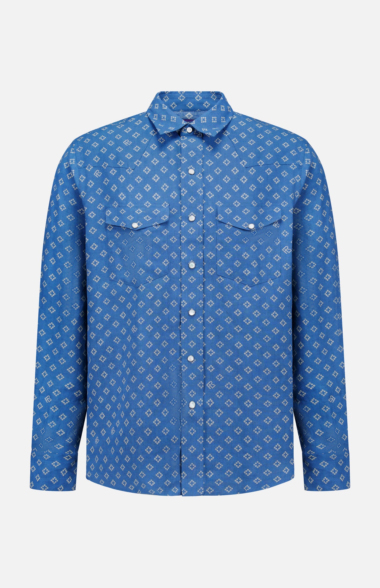 The Western Wendover Bandana Sport Shirt by RALPH LAUREN PURPLE LABEL is an indigo blue, long-sleeve western-style shirt with two chest pockets and a subtle white geometric pattern, shown against a plain white background.