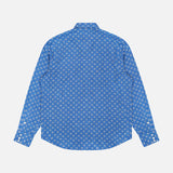 The Western Wendover Bandana Sport Shirt by RALPH LAUREN PURPLE LABEL, featuring long sleeves and an indigo blue color with a white geometric pattern, is shown laid flat with the back facing up against a plain white background.