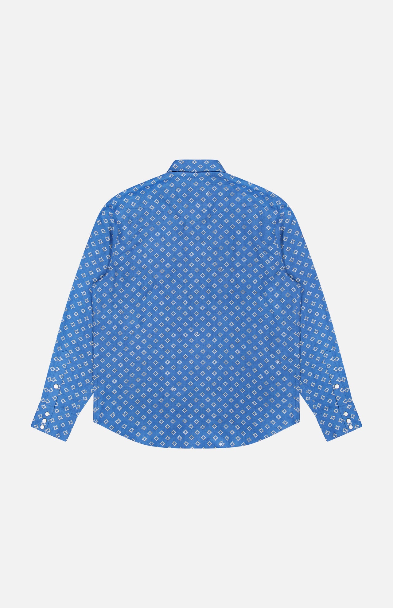 The Western Wendover Bandana Sport Shirt by RALPH LAUREN PURPLE LABEL, featuring long sleeves and an indigo blue color with a white geometric pattern, is shown laid flat with the back facing up against a plain white background.