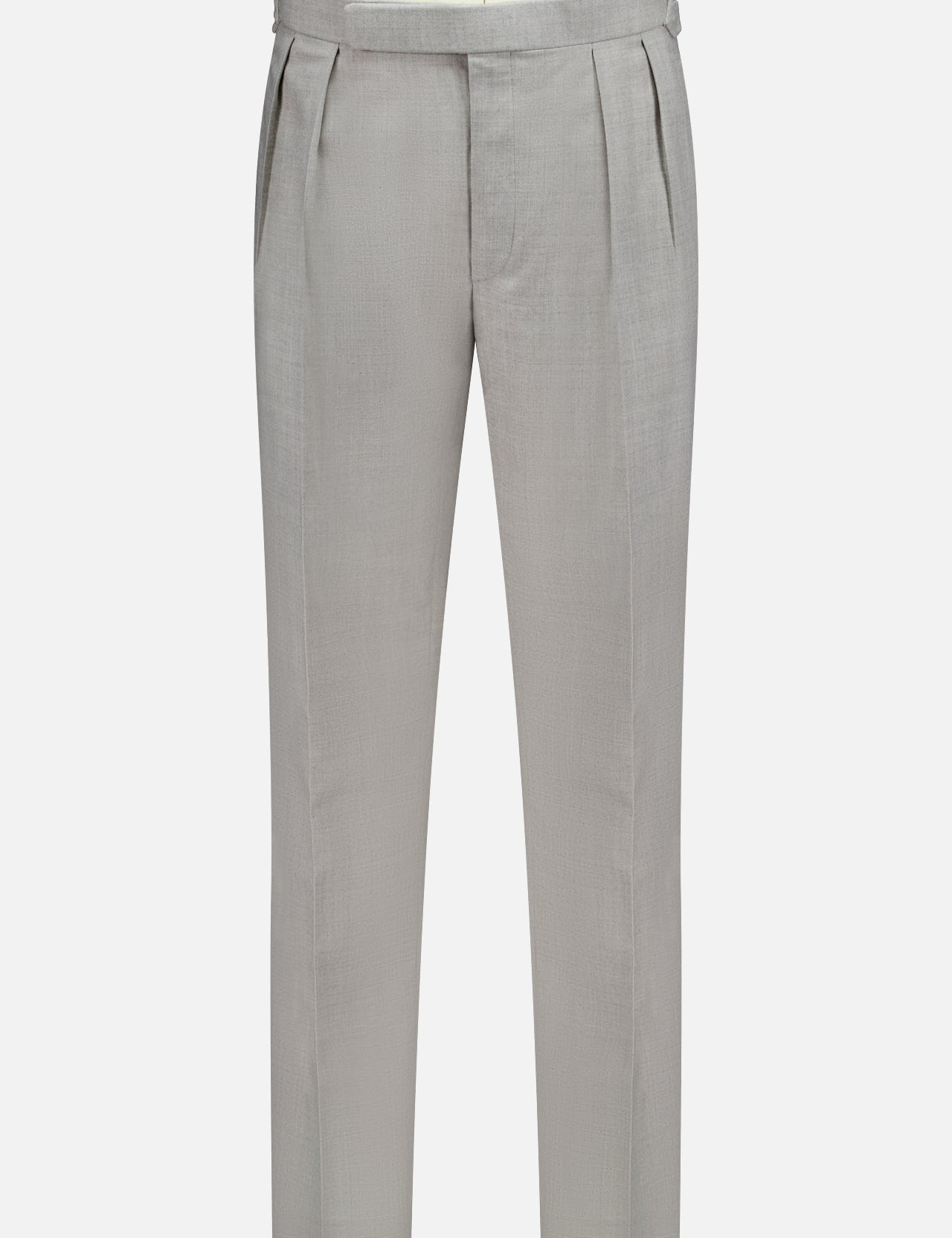 The Wool Flannel Pleated Trouser by RALPH LAUREN PURPLE LABEL features a light gray hue, front pleats, side adjusters, and a straight-leg cut, recalling the timeless elegance of classic Ralph Lauren grey pleated trousers and displayed against a white background.