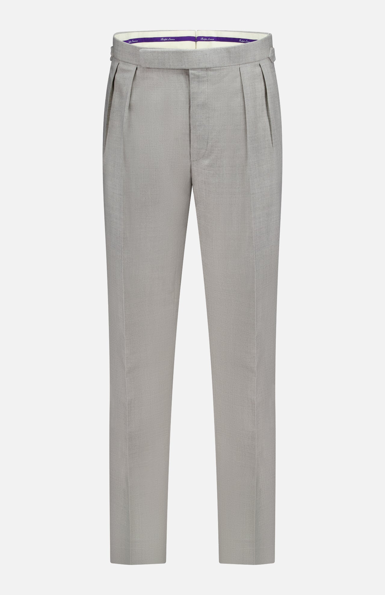 The Wool Flannel Pleated Trouser by RALPH LAUREN PURPLE LABEL features a light gray hue, front pleats, side adjusters, and a straight-leg cut, recalling the timeless elegance of classic Ralph Lauren grey pleated trousers and displayed against a white background.