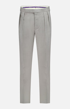 The Wool Flannel Pleated Trouser by RALPH LAUREN PURPLE LABEL features a light gray hue, front pleats, side adjusters, and a straight-leg cut, recalling the timeless elegance of classic Ralph Lauren grey pleated trousers and displayed against a white background.