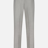 The Wool Flannel Pleated Trouser by RALPH LAUREN PURPLE LABEL is hand-tailored in Italy from light gray wool flannel and is shown from the back, highlighting adjustable side tabs and two buttoned back pockets, set against a white background.