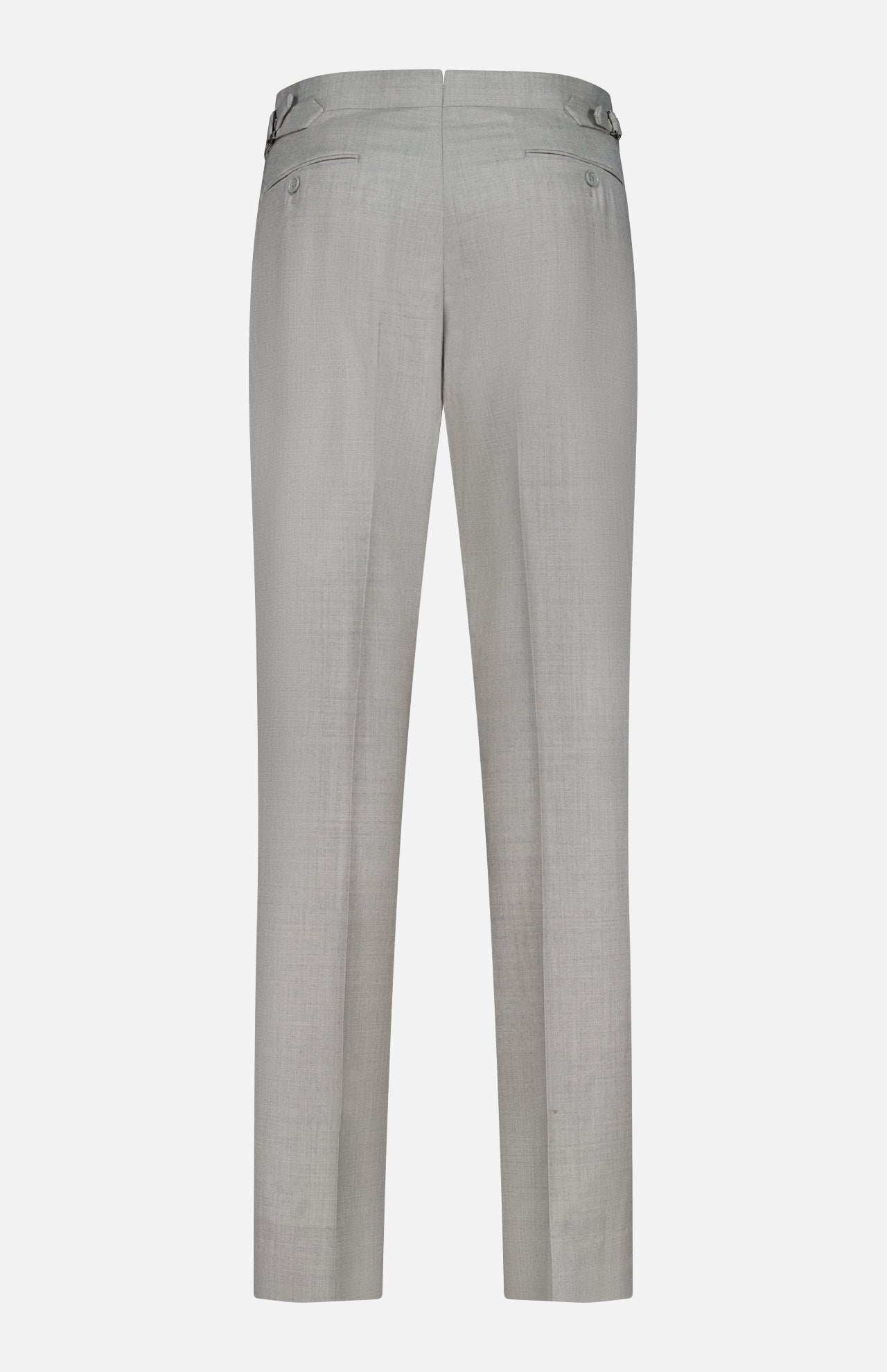 The Wool Flannel Pleated Trouser by RALPH LAUREN PURPLE LABEL is hand-tailored in Italy from light gray wool flannel and is shown from the back, highlighting adjustable side tabs and two buttoned back pockets, set against a white background.