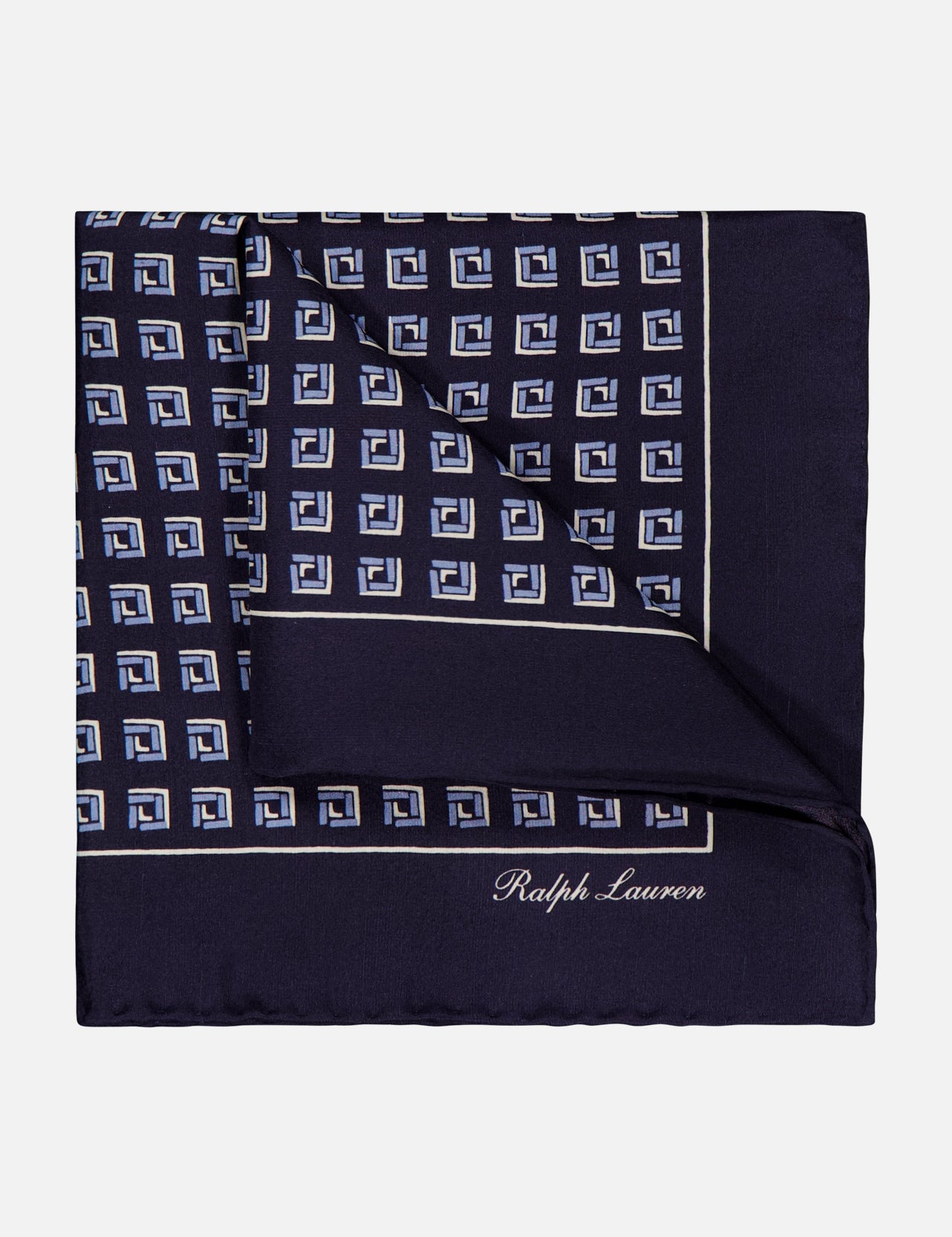 The Pin Dot Silk Pocket Square by RALPH LAUREN PURPLE LABEL is a navy blue mulberry silk pocket square with white and light blue geometric pin dots, an embroidered logo, and is expertly crafted in Italy.