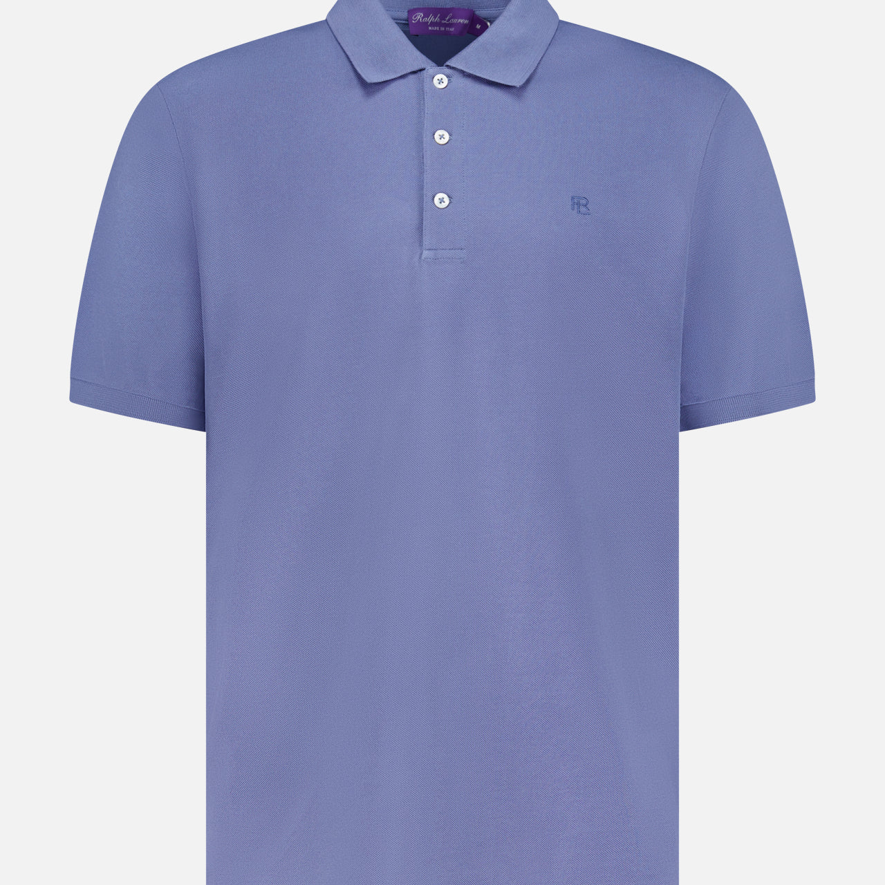 The RALPH LAUREN PURPLE LABEL Pique Short Sleeve Polo Shirt in light purple features a collar, three white buttons, and a small embroidered logo on the left chest, shown on a plain white background.