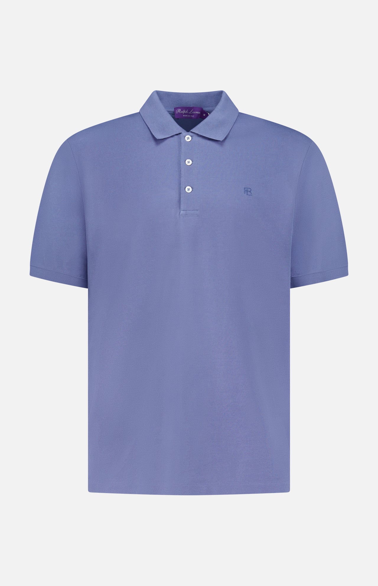 The RALPH LAUREN PURPLE LABEL Pique Short Sleeve Polo Shirt in light purple features a collar, three white buttons, and a small embroidered logo on the left chest, shown on a plain white background.