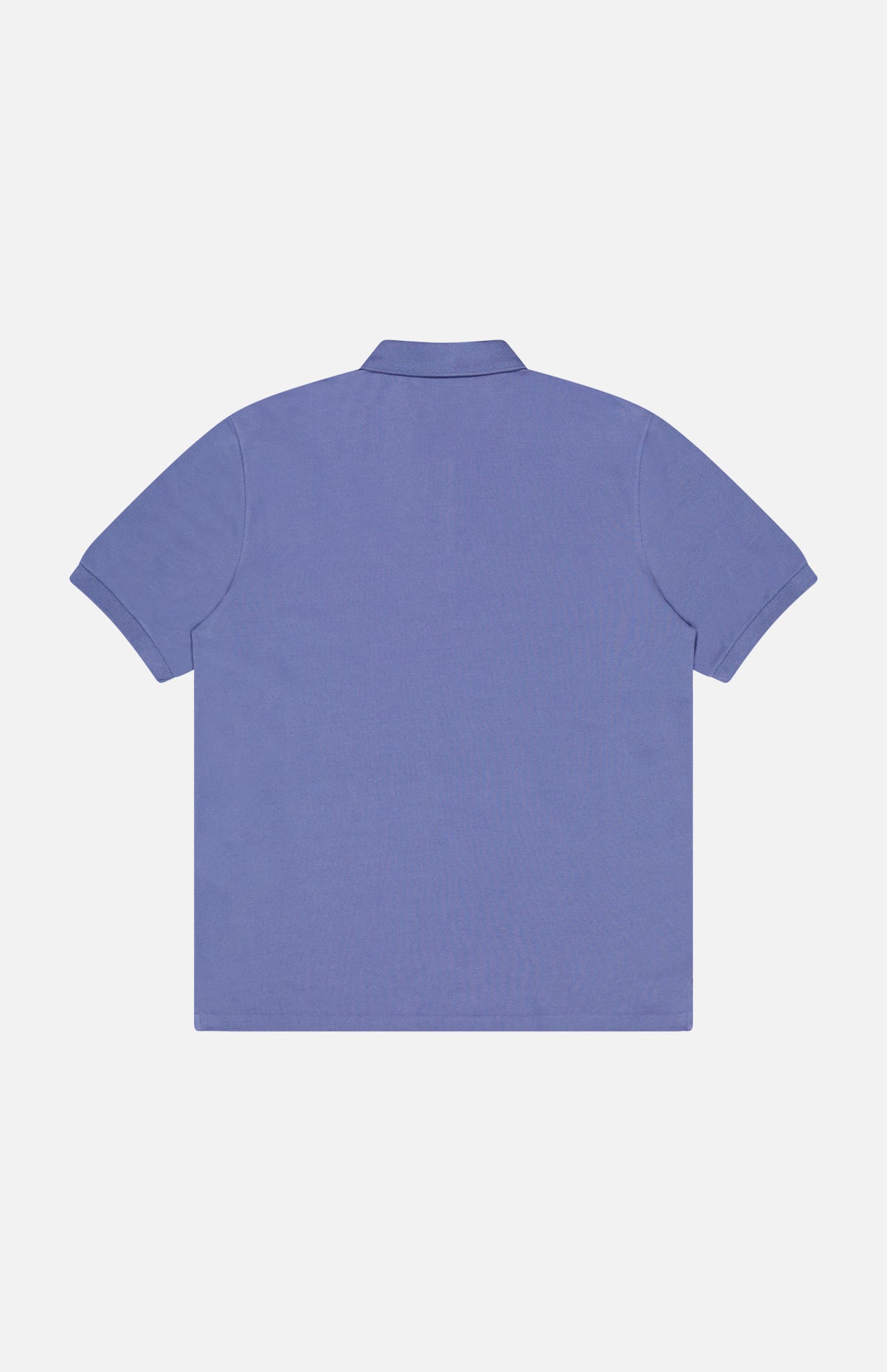 A back view of the RALPH LAUREN PURPLE LABEL Pique Short Sleeve Polo Shirt in lavender with a classic collar, laid flat on a white background.
