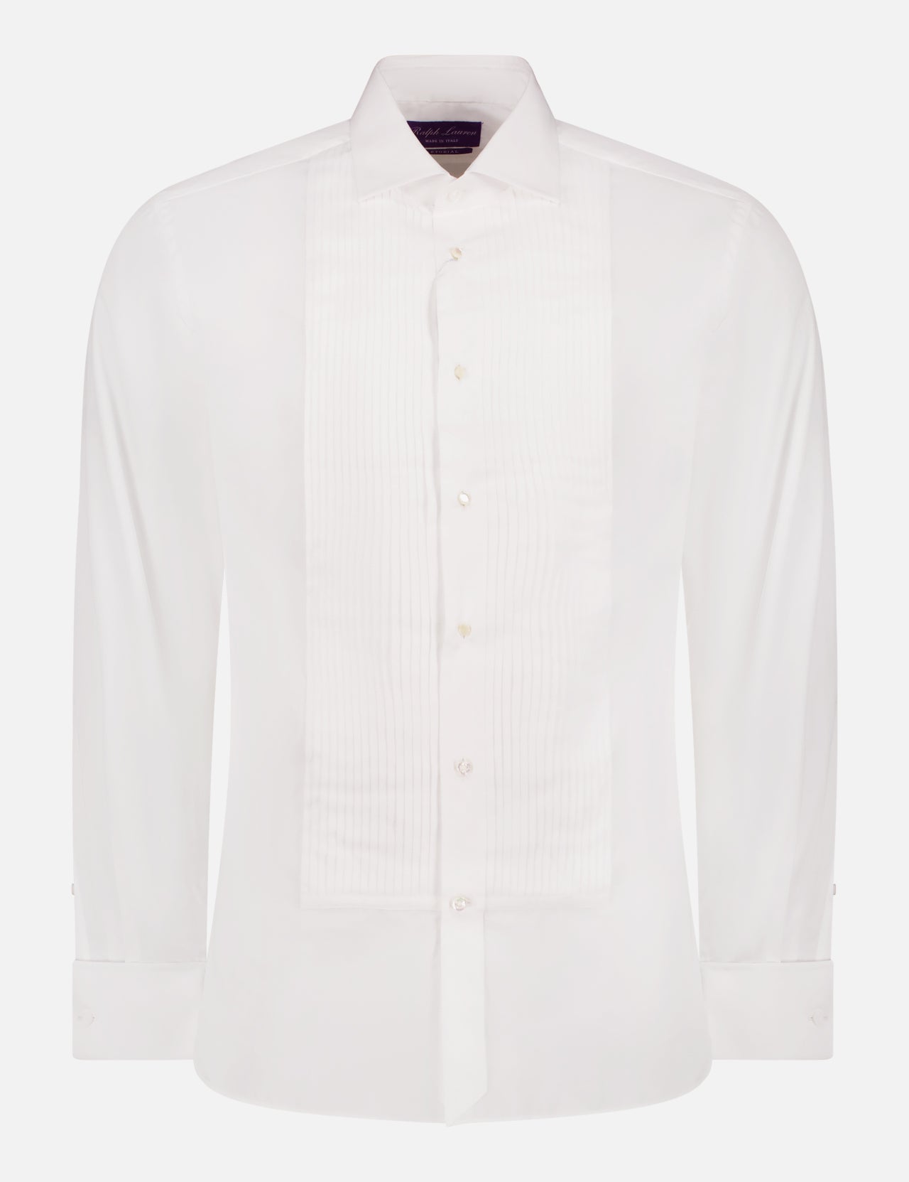 The RALPH LAUREN PURPLE LABEL Poplin Long Sleeve Dress Shirt features a pleated front, French cuffs, and a classic collar in white, shown against a plain white background.