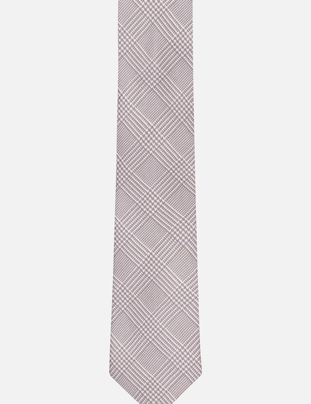 The RALPH LAUREN PURPLE LABEL Silk Glen Plaid Standard Neck Tie, in light gray and white, features a classic plaid pattern and is made in Italy, shown against a plain white background.
