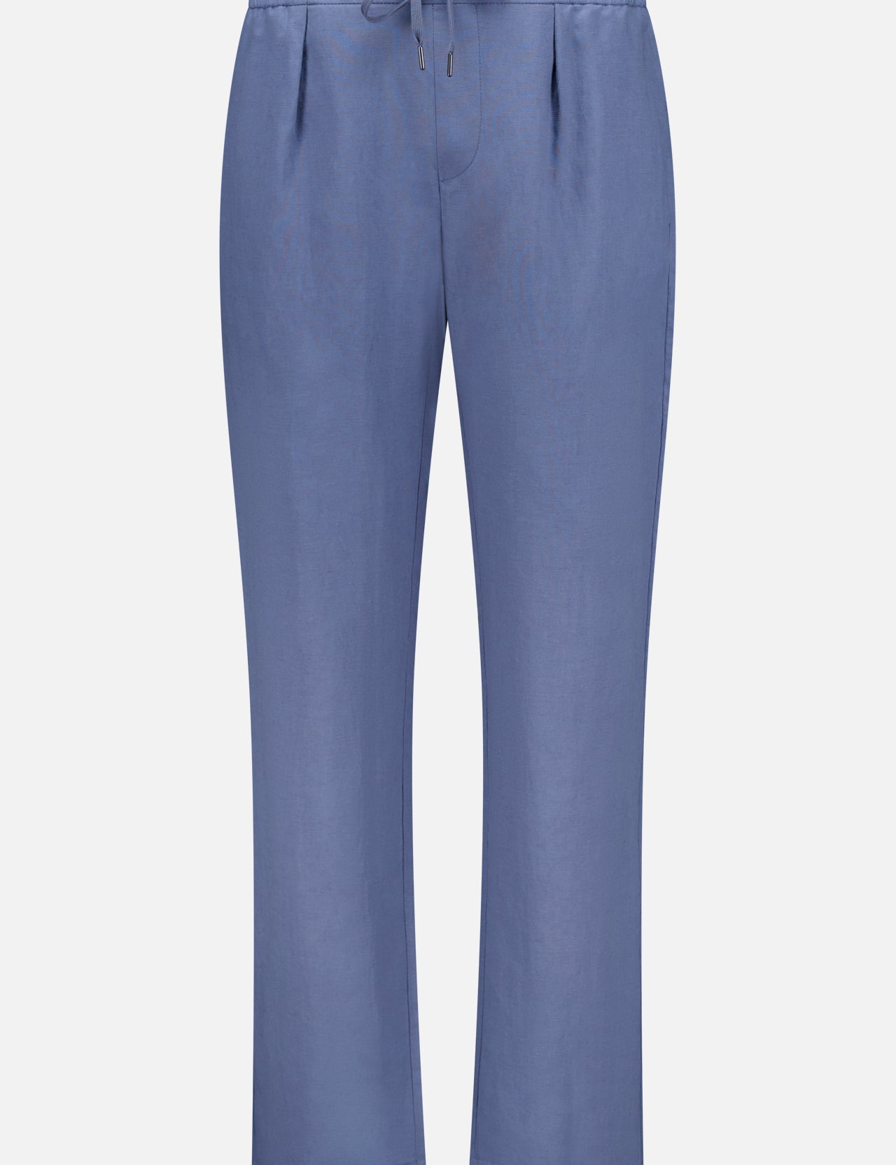 The Ralph Lauren Purple Label Silk Linen Dorset Flat Front Trouser features a light blue linen blend, elastic waistband with adjustable drawstring, straight legs, subtle front pleats, and a clean design without visible pockets.