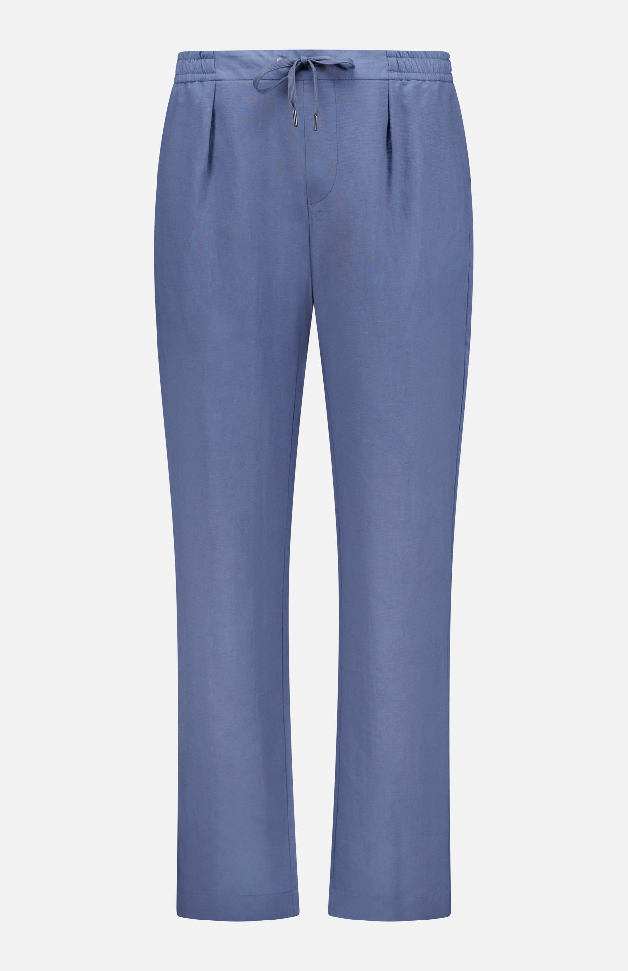 The Ralph Lauren Purple Label Silk Linen Dorset Flat Front Trouser features a light blue linen blend, elastic waistband with adjustable drawstring, straight legs, subtle front pleats, and a clean design without visible pockets.