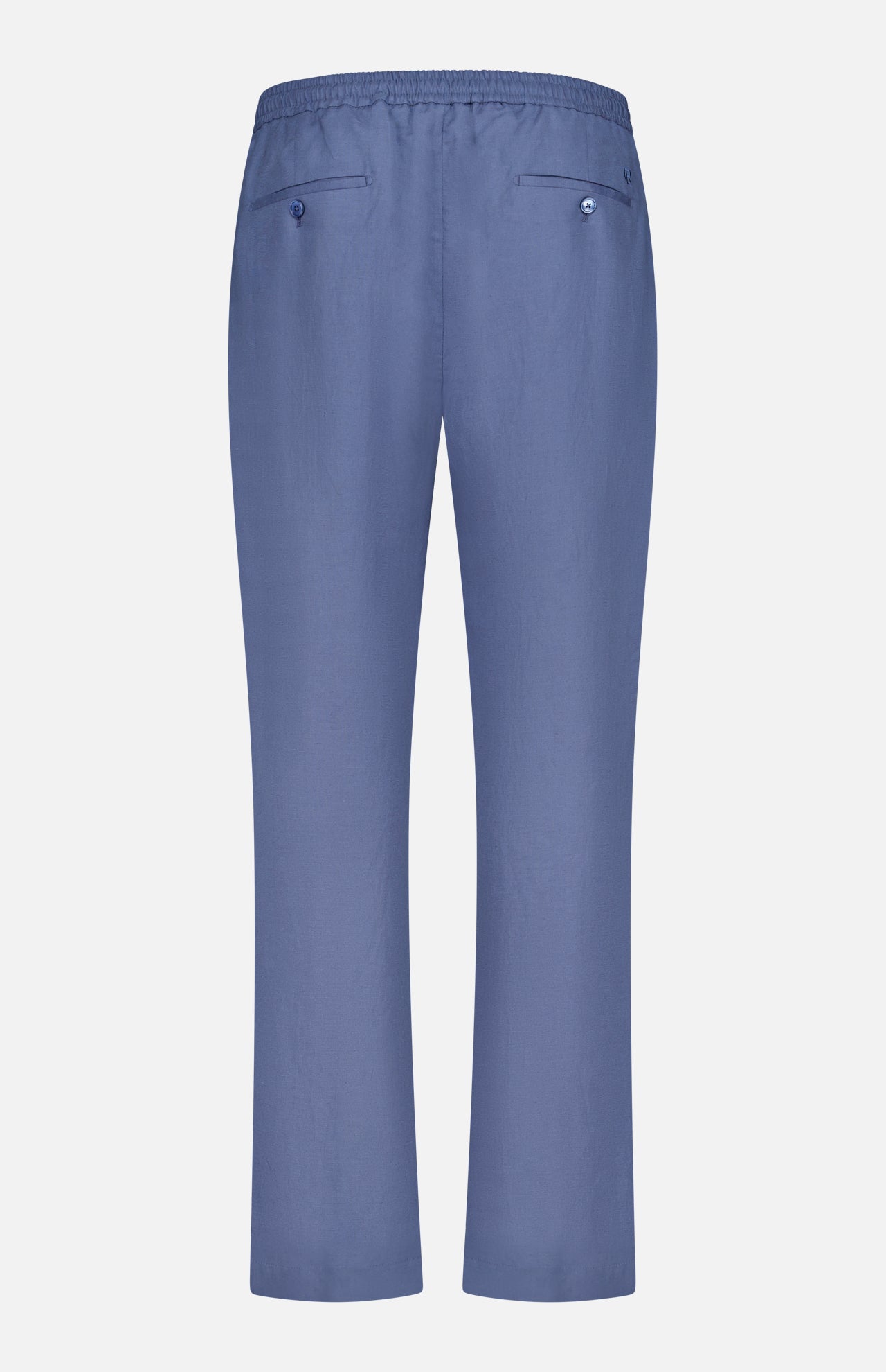 Back view of the Ralph Lauren Purple Label Silk Linen Dorset Flat Front Trouser in blue, featuring an elastic waistband, straight legs, and two buttoned back pockets.