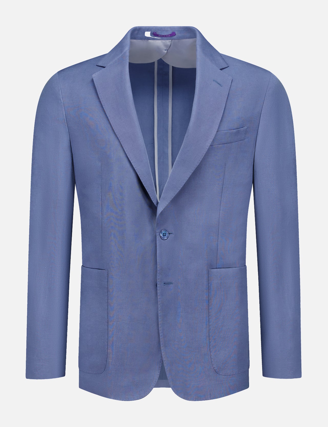 The Ralph Lauren Purple Label Silk Linen Single Breasted Sportcoat features a light blue hue, notch lapels, two patch pockets, a chest pocket, and single-button closure, shown against a plain white background.