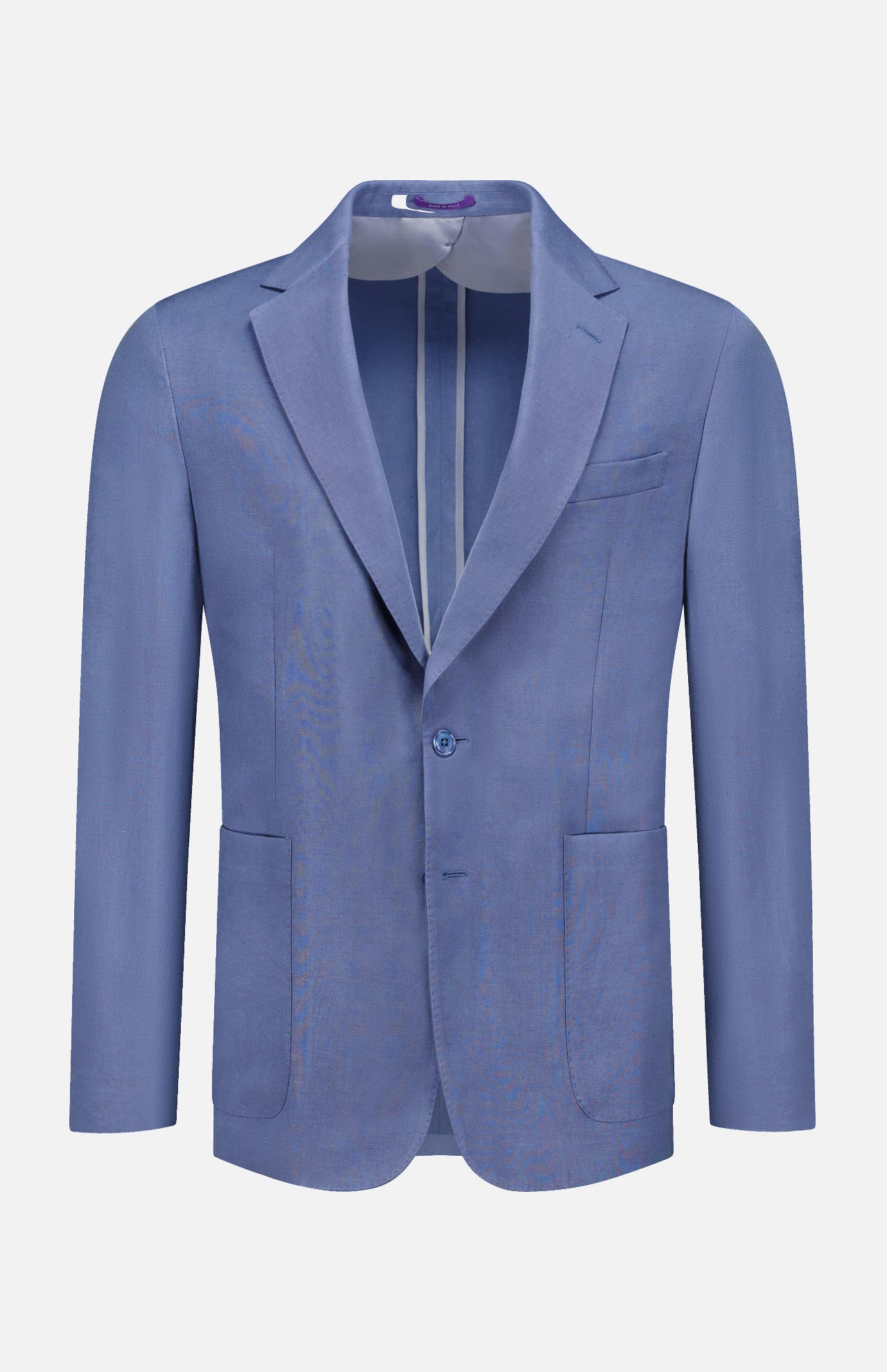 The Ralph Lauren Purple Label Silk Linen Single Breasted Sportcoat features a light blue hue, notch lapels, two patch pockets, a chest pocket, and single-button closure, shown against a plain white background.