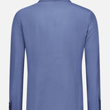 Back view of the Ralph Lauren Purple Label Silk Linen Single Breasted Sportcoat in light blue, featuring long sleeves, notched collar, and two cuff buttons, displayed against a plain white background.