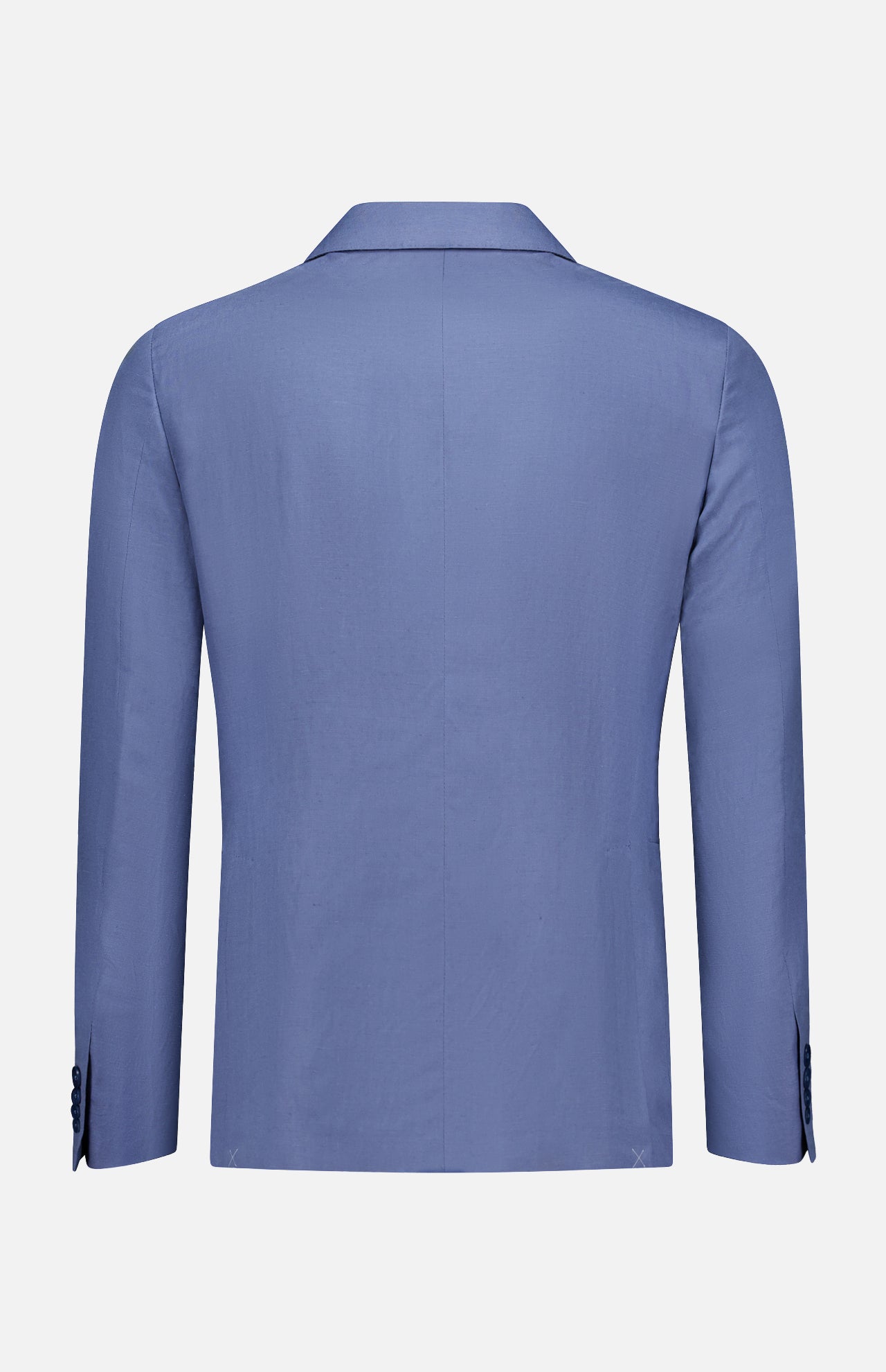 Back view of the Ralph Lauren Purple Label Silk Linen Single Breasted Sportcoat in light blue, featuring long sleeves, notched collar, and two cuff buttons, displayed against a plain white background.