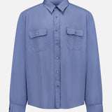 The Silk Linen Sport Shirt by Ralph Lauren Purple Label is a light blue, long-sleeve, button-up shirt with a collar and two button-flap chest pockets, shown against a plain white background.