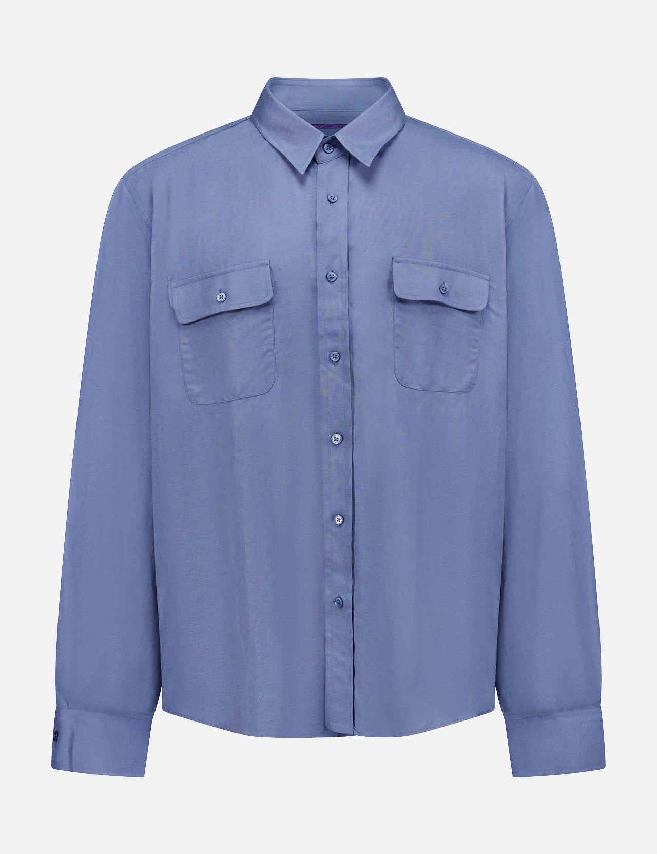 The Silk Linen Sport Shirt by Ralph Lauren Purple Label is a light blue, long-sleeve, button-up shirt with a collar and two button-flap chest pockets, shown against a plain white background.