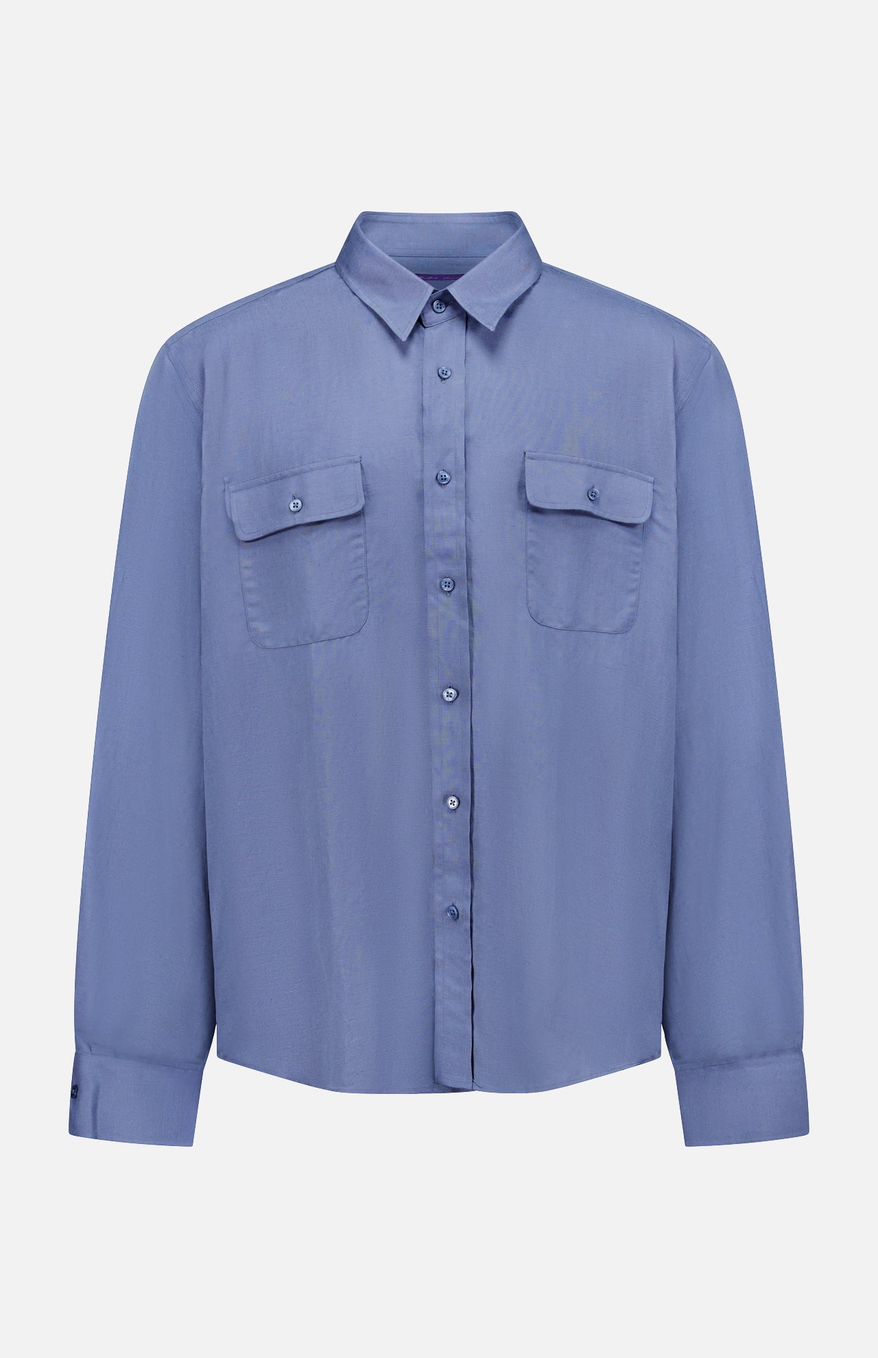 The Silk Linen Sport Shirt by Ralph Lauren Purple Label is a light blue, long-sleeve, button-up shirt with a collar and two button-flap chest pockets, shown against a plain white background.