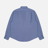 The Silk Linen Sport Shirt by Ralph Lauren Purple Label is a blue, long-sleeve dress shirt with button cuffs, shown from the back and laid flat on a white background.