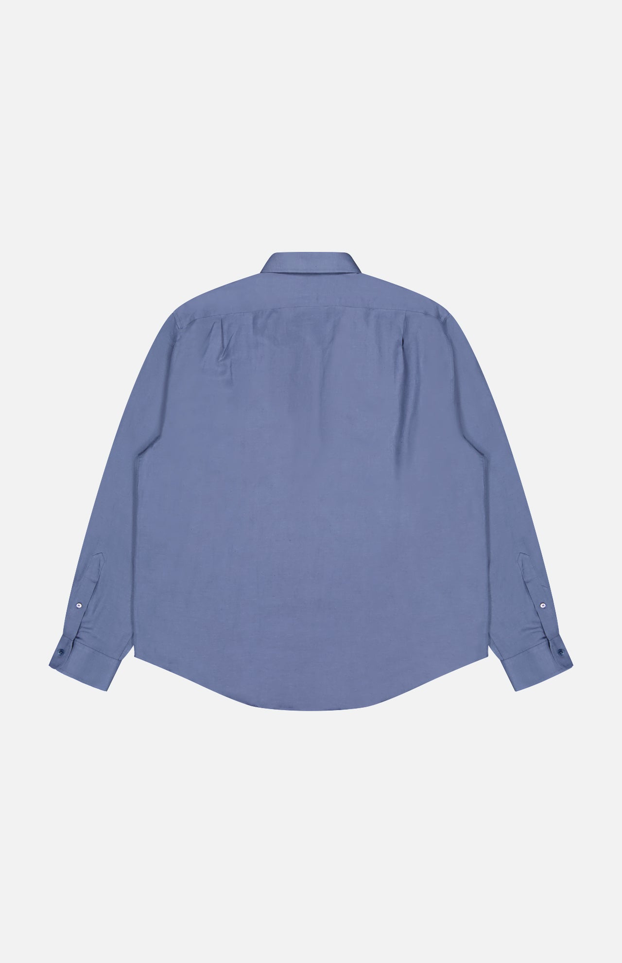 The Silk Linen Sport Shirt by Ralph Lauren Purple Label is a blue, long-sleeve dress shirt with button cuffs, shown from the back and laid flat on a white background.