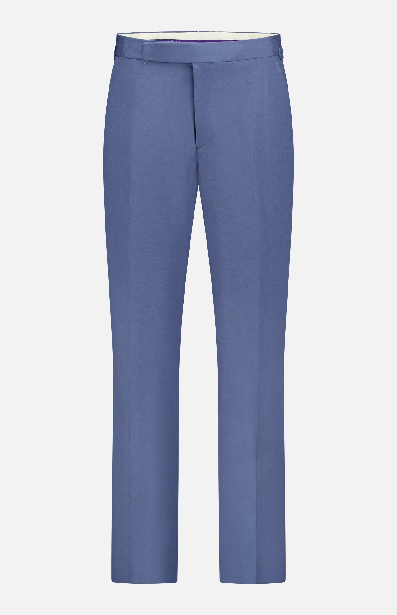 The Silk Linen Trouser by Ralph Lauren Purple Label features a tailored, straight-leg design with a waistband, belt loops, and a front zipper closure, displayed on a plain white background.