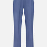 Back view of the Ralph Lauren Purple Label Silk Linen Trouser in light blue, featuring buttoned back pockets and adjustable side tabs, displayed on a plain white background.